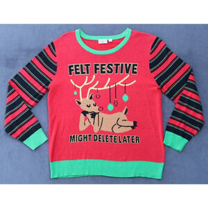 Womens Mighty Fine Small Christmas Sweater Felt Festive Reindeer Holiday Red Top